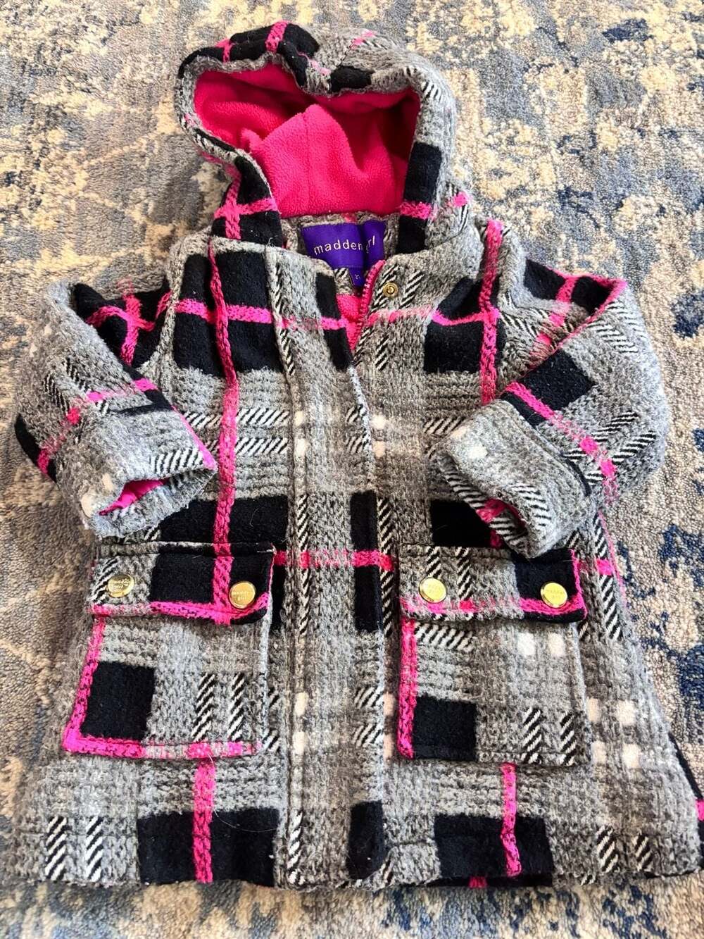 Madden Girl Kids Black Pink Grey Hooded Plaid Zip Coat Size 2T